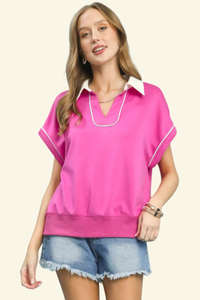 Umgee Contrast Collar Soft Knit Polo Top